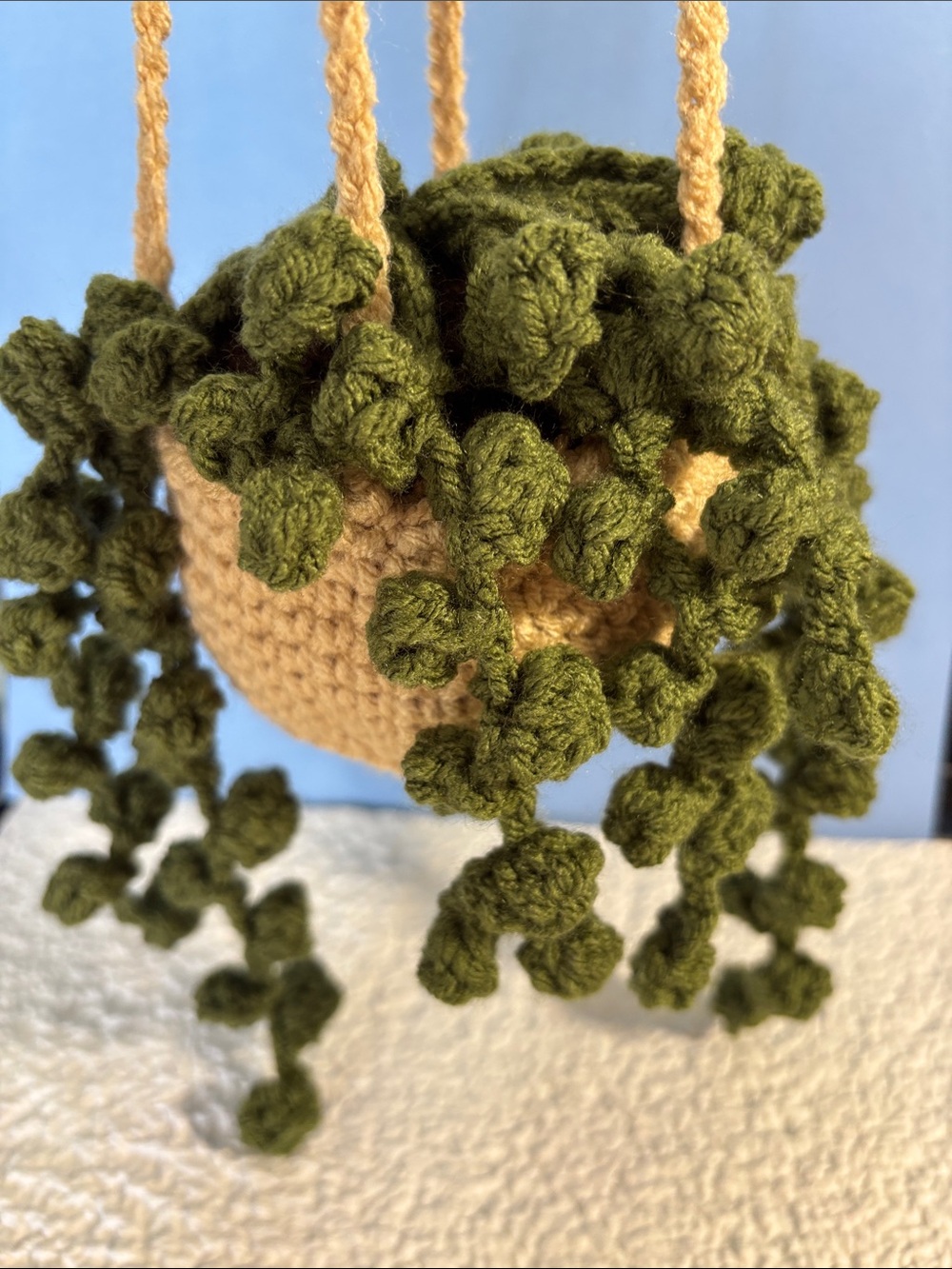 Handmade Crochet Hanging Planter with Olive Green Trailing Foliage